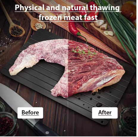 Before and after defrosting meat on the MeltMate tray